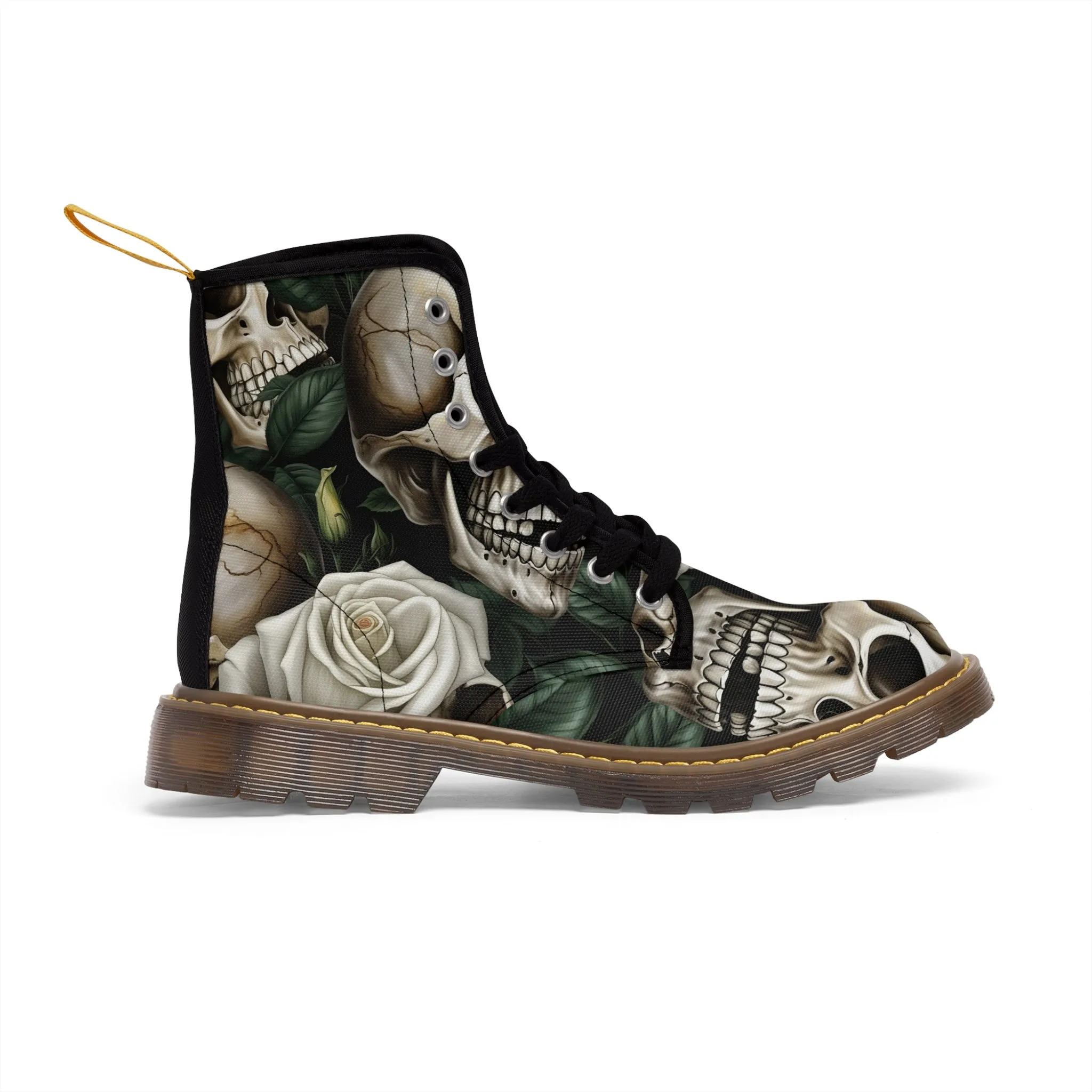 No 2 Gothic Skull and White Roses Canvas Boots AOP