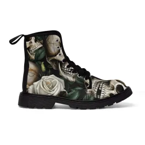 No 2 Gothic Skull and White Roses Canvas Boots AOP