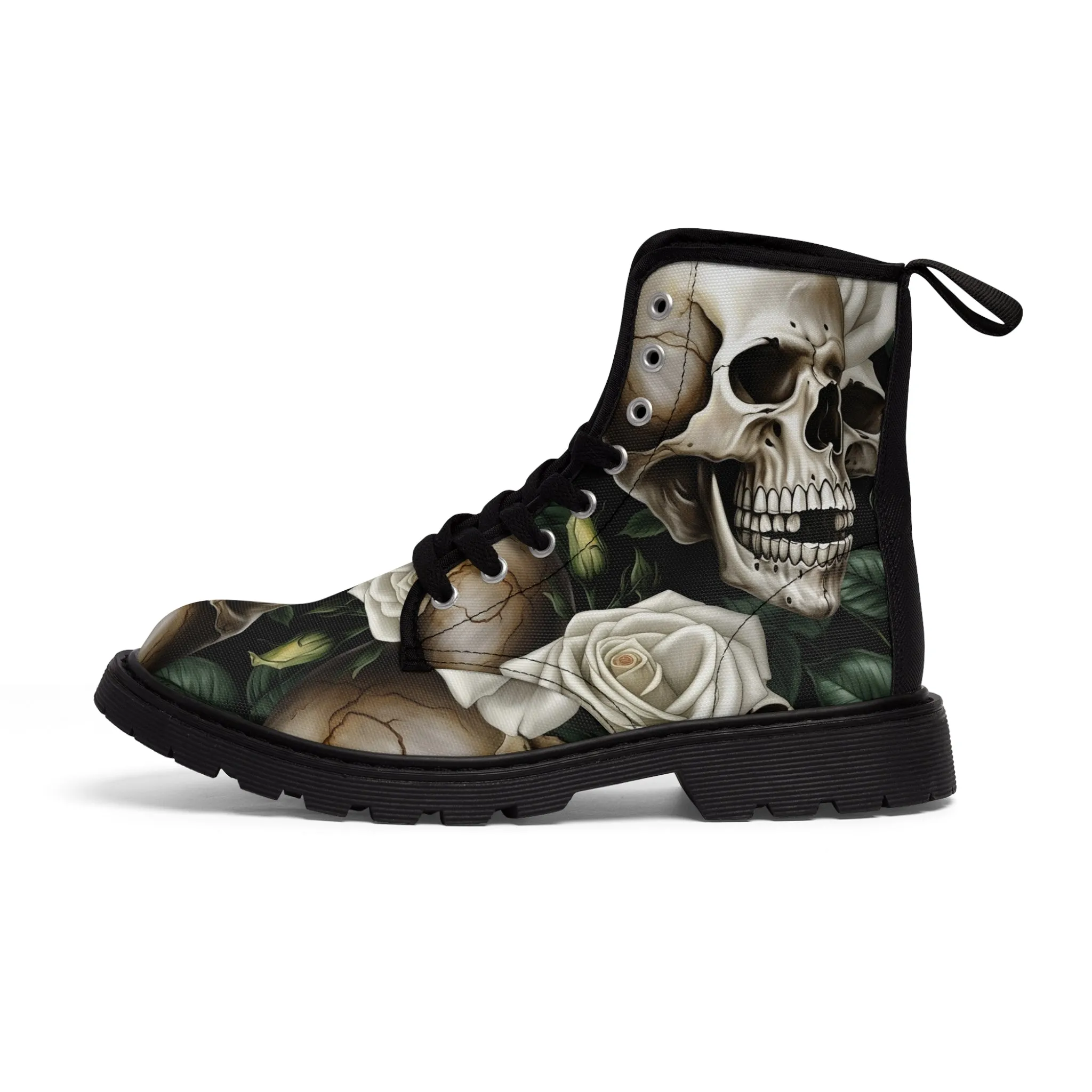 No 2 Gothic Skull and White Roses Canvas Boots AOP