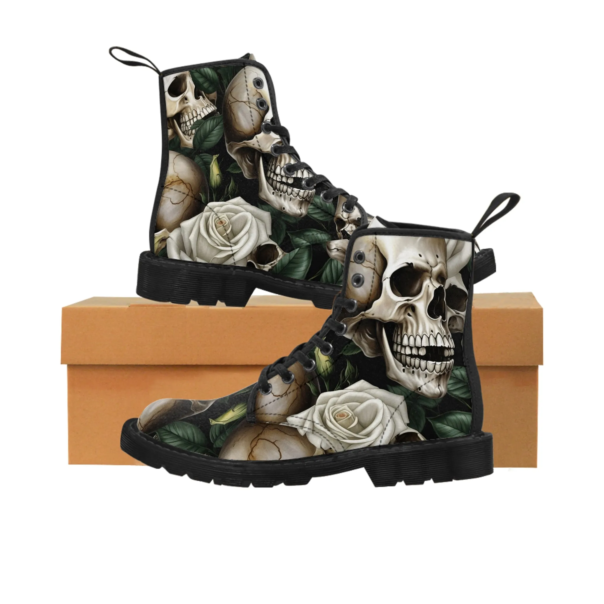 No 2 Gothic Skull and White Roses Canvas Boots AOP