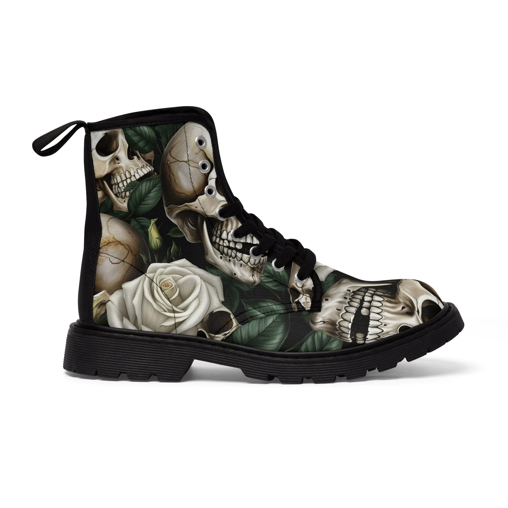 No 2 Gothic Skull and White Roses Canvas Boots AOP