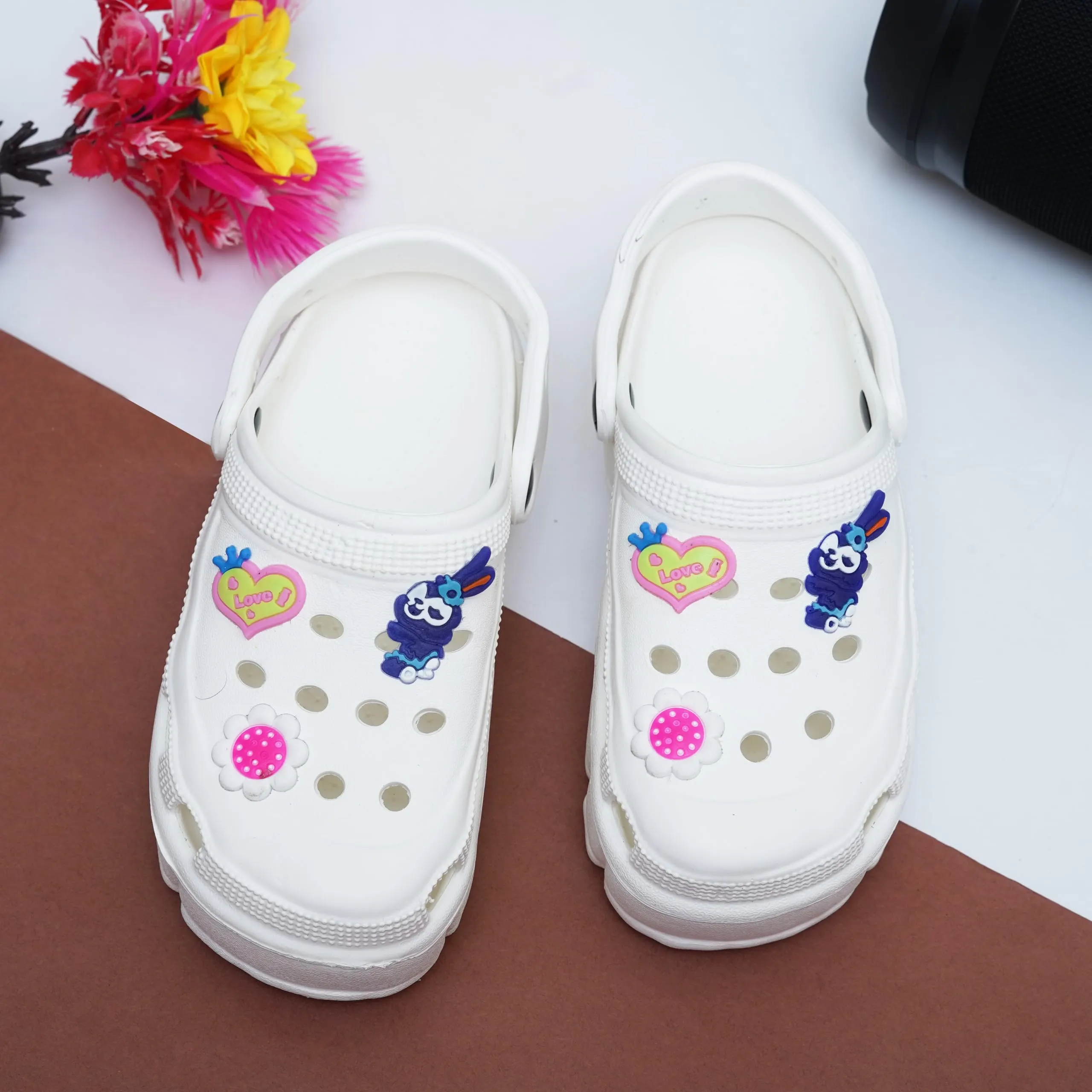 Rabbite Sticker Women and Girls' Croc & Clogs Collection (White, 5)