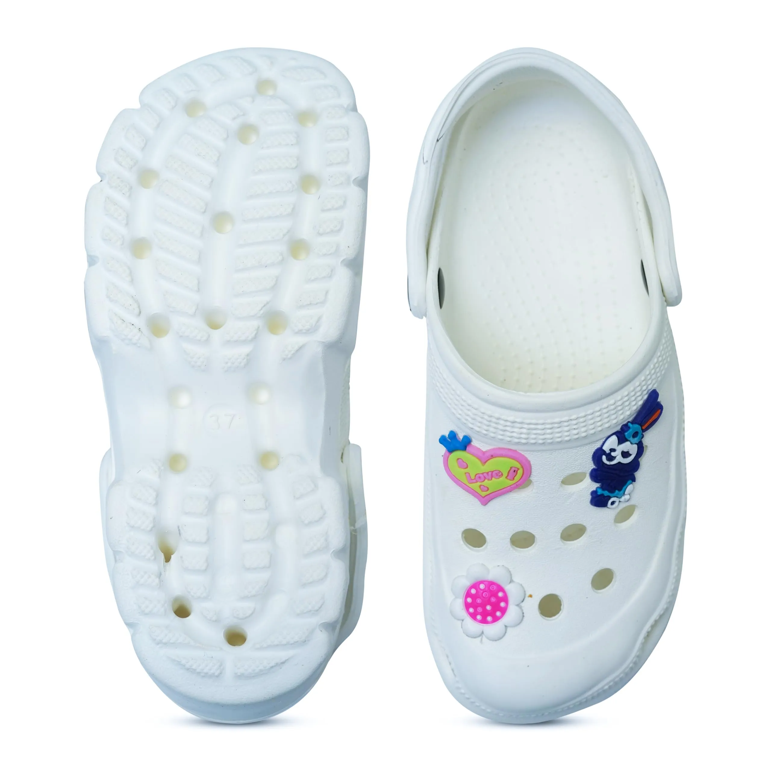 Rabbite Sticker Women and Girls' Croc & Clogs Collection (White, 5)