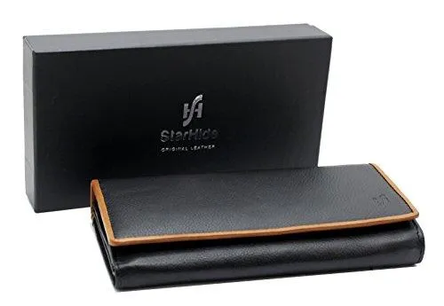 STARHIDE Womens RFID Blocking Soft Real Nappa Leather Long Flap Over Purse Multi Credit Card Holder 5505
