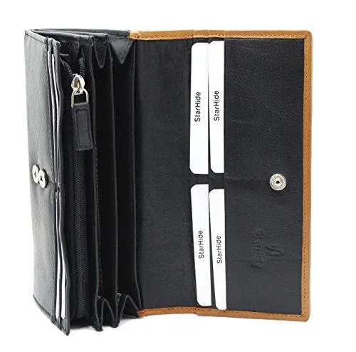 STARHIDE Womens RFID Blocking Soft Real Nappa Leather Long Flap Over Purse Multi Credit Card Holder 5505