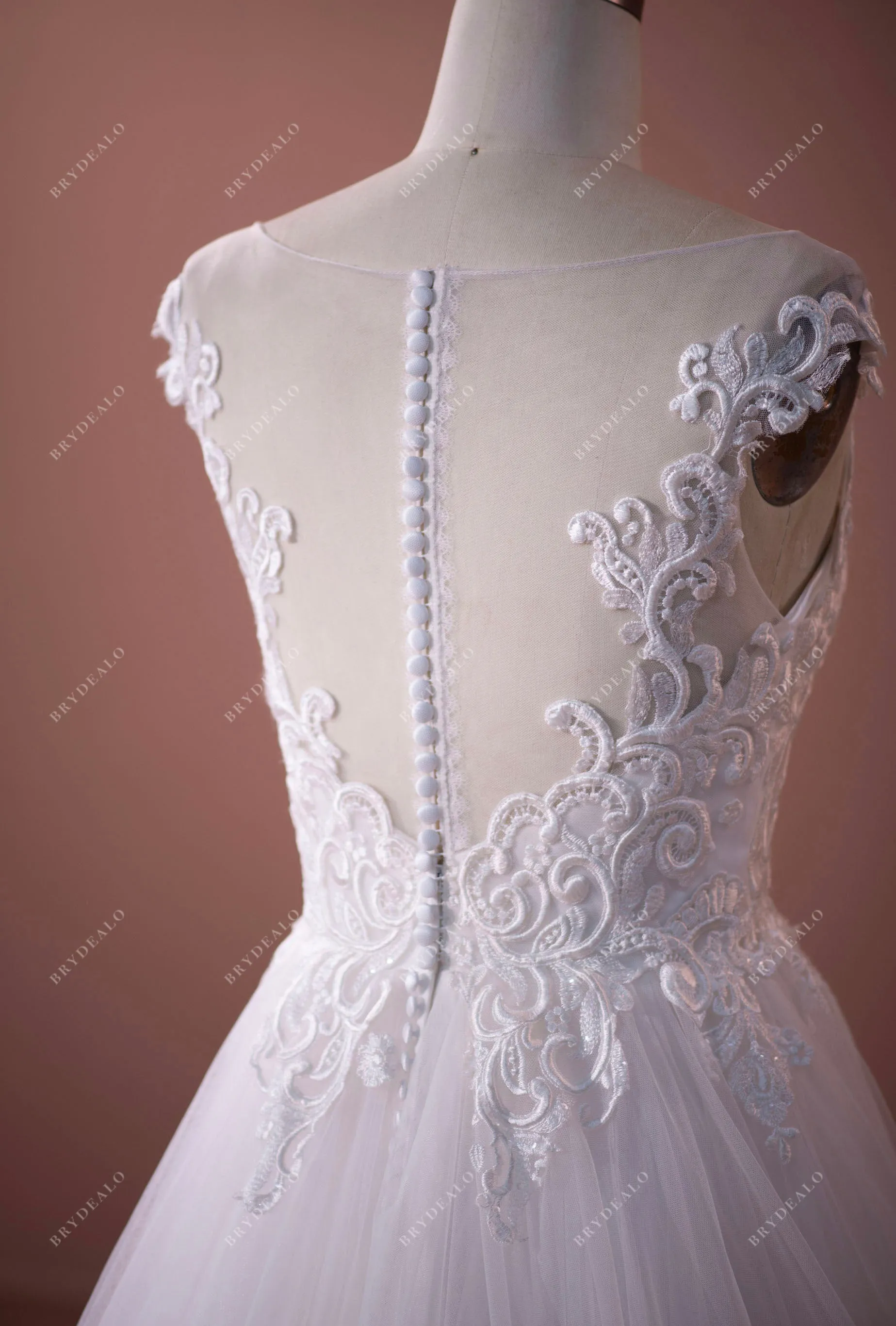 Stylish Illusion Neck Cap Sleeve Lace Tulle A-line Garden Wedding Dress