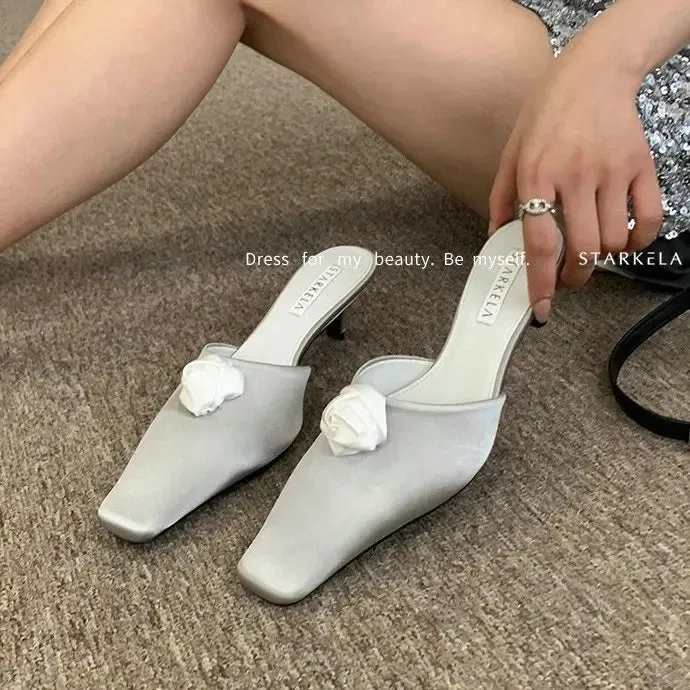 TAVIMART  -  New French Romantic Square Head Heels Half Slippers Stiletto Heels Flower Slides