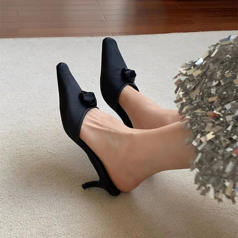 TAVIMART  -  New French Romantic Square Head Heels Half Slippers Stiletto Heels Flower Slides