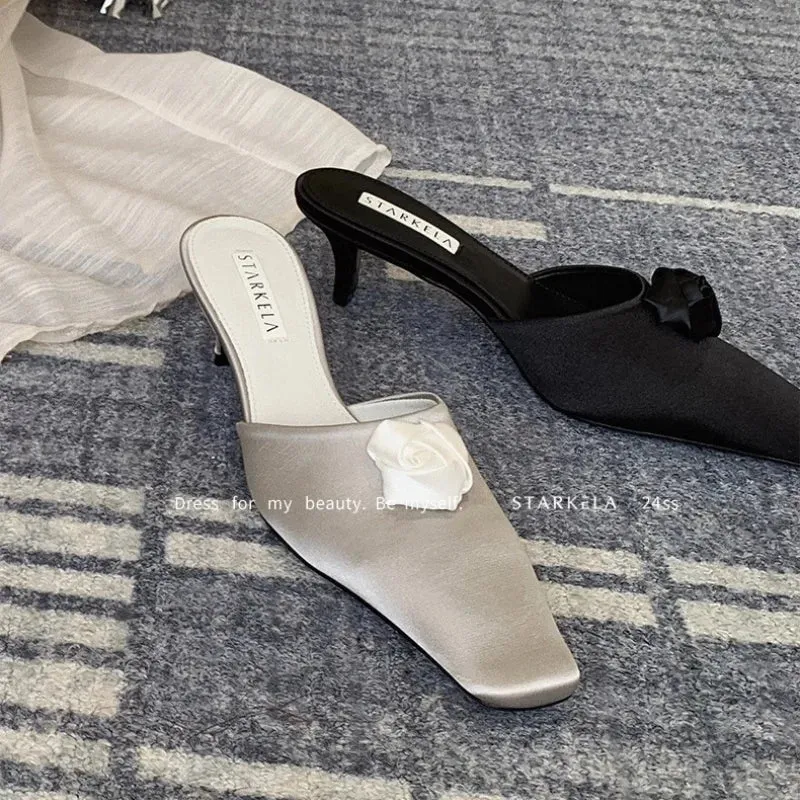 TAVIMART  -  New French Romantic Square Head Heels Half Slippers Stiletto Heels Flower Slides