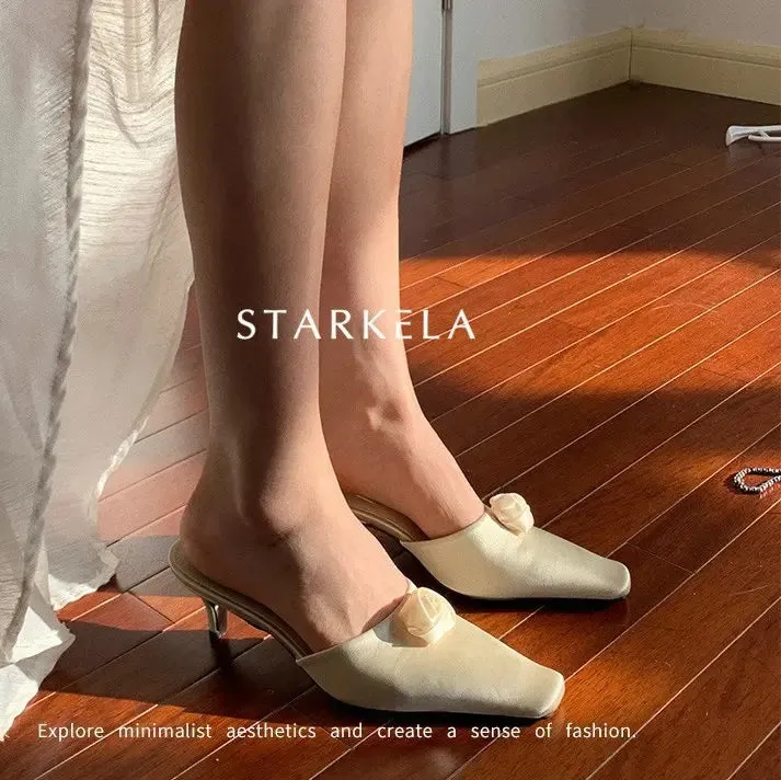TAVIMART  -  New French Romantic Square Head Heels Half Slippers Stiletto Heels Flower Slides
