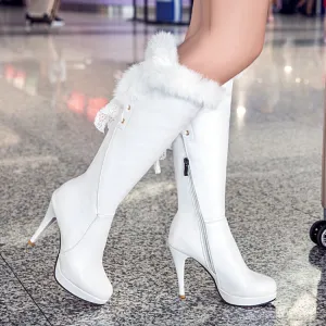 Women fuzzy cuff high heel knee high boots PU winter boots